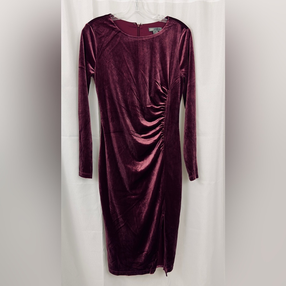 Love X Design Elegant Velvet Burgundy Side Ruched Midi Long Sleeve Dress M - Picture 2 of 6